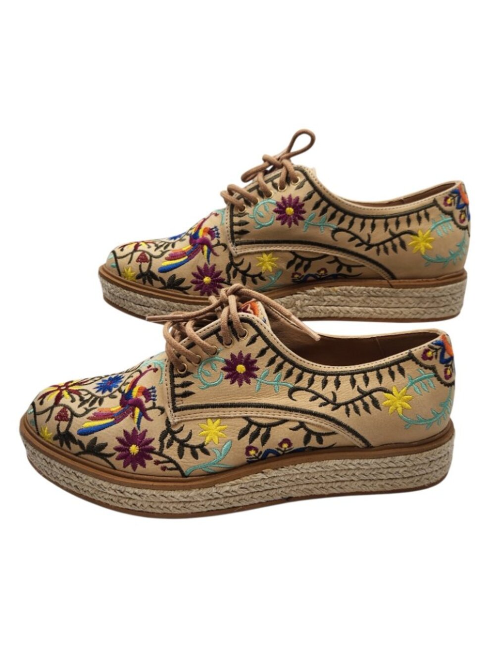 Kanna Spain Embroidered Leather Espadrilles EU 38 Bird Floral Boho Oxfords - Picture 2 of 6